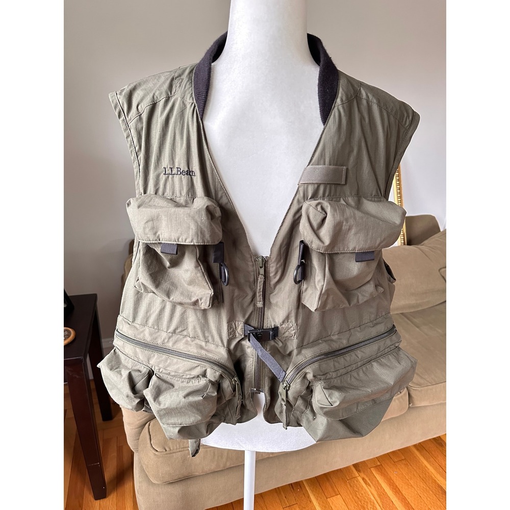 LL Bean Mens Large Fishing Vest Olive Green Nylon Multi Pocket Utility 0VU99